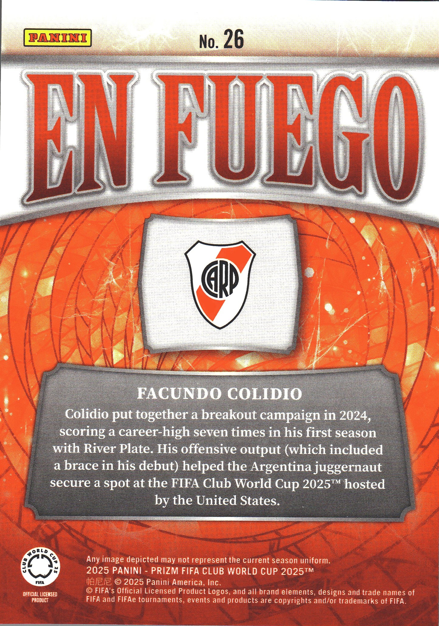 2025 Panini Prizm Club World Cup En Fuego Facundo Colidio #26 River Plate