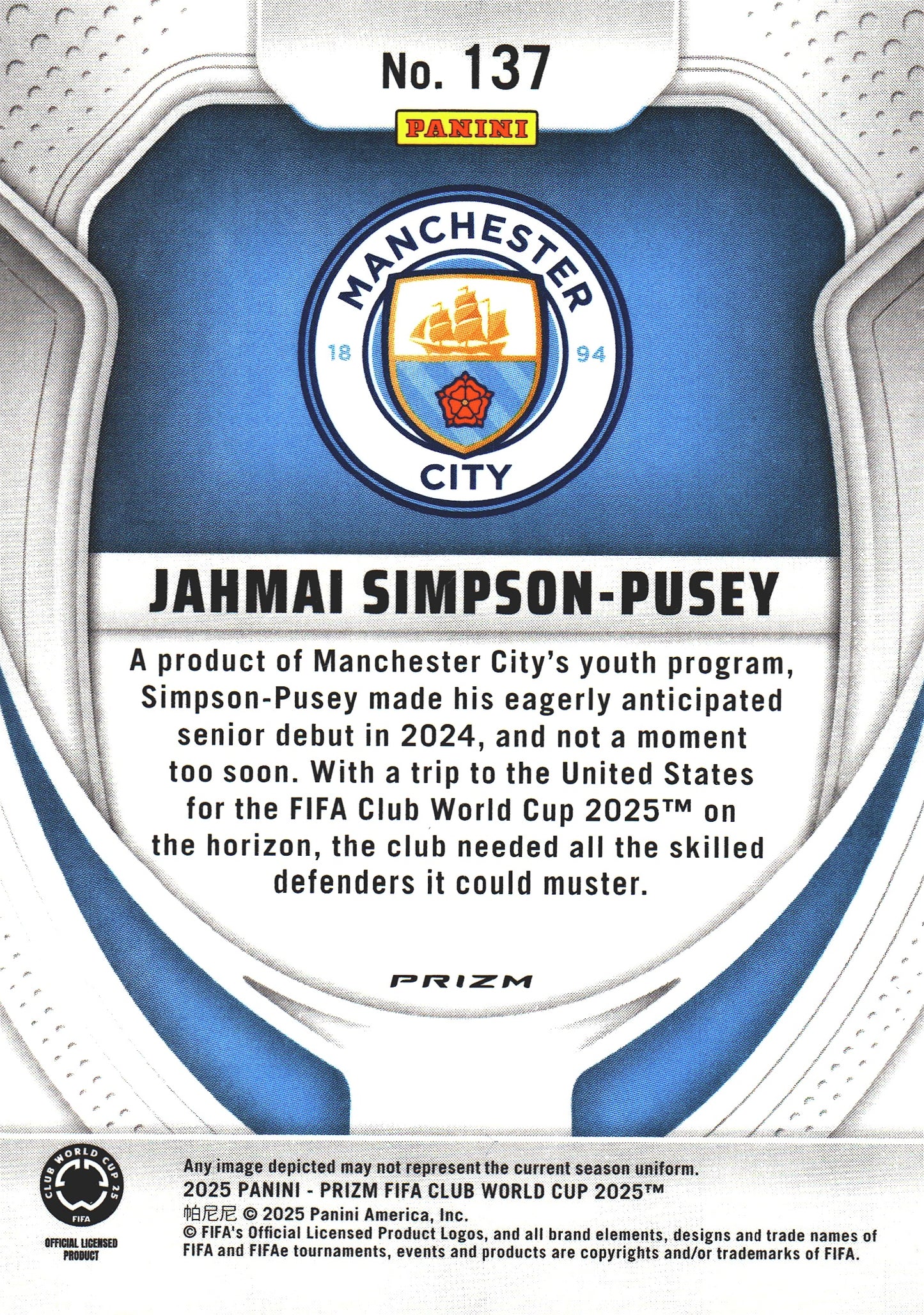 2025 Panini Prizm Club World Cup Seismic Jahmai Simpson-Pusey #137 Manchester City