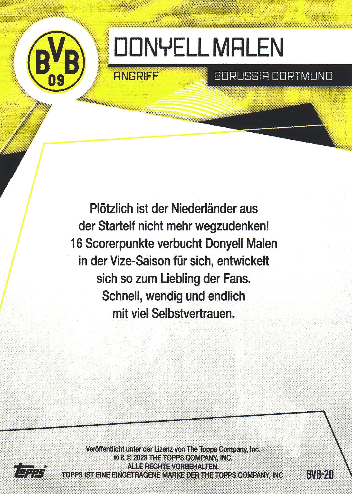 2023 Topps Dortmund Fan Set Electro Donyell Malen #BVB-20 Borussia Dortmund