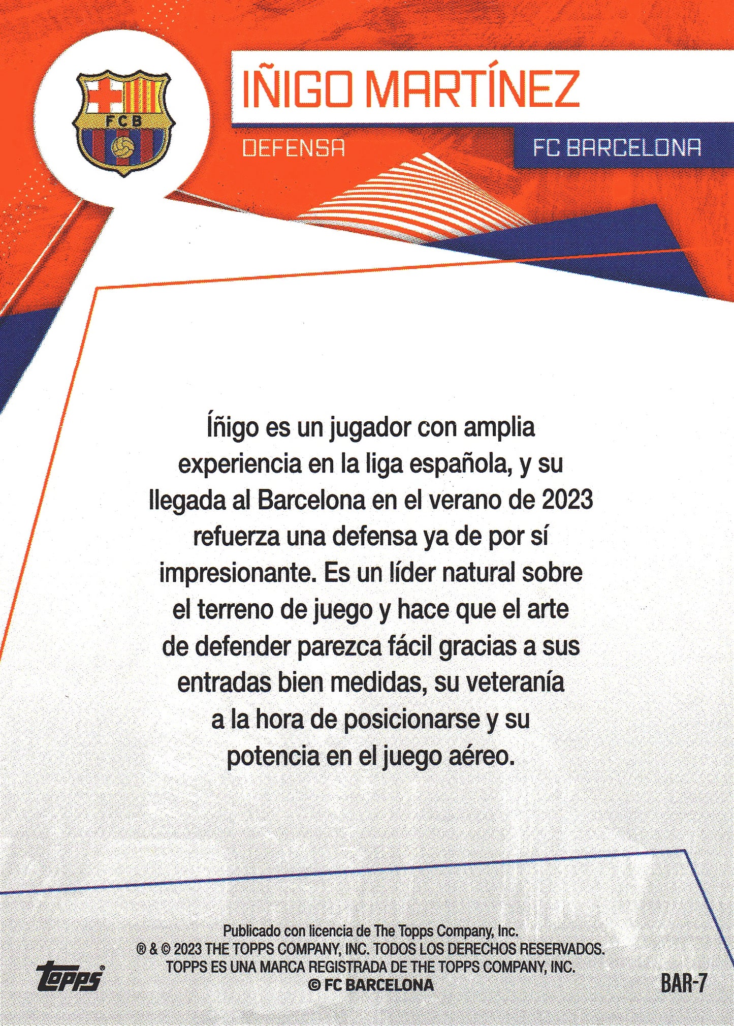 2023 Topps FC Barcelona Fan Set Inigo Martinez #BAR-7 FC Barcelona
