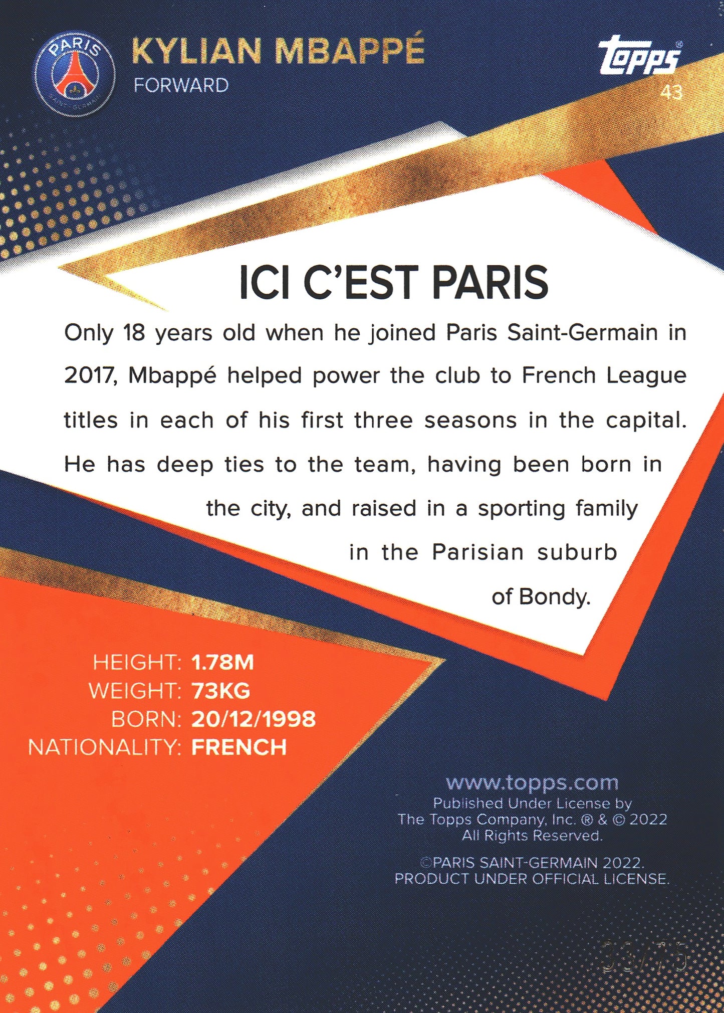 2021 Topps PSG Team Set Kylian Mbappe aqua /75 #43 Paris Saint-Germain