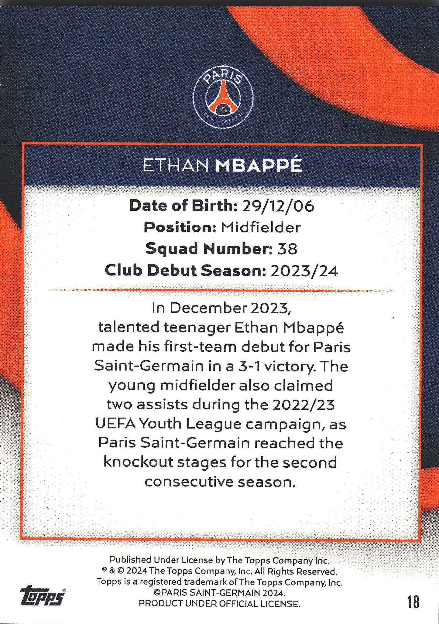 2023 Topps PSG Team Set Ethan Mbappe RC #18 Paris Saint-Germain