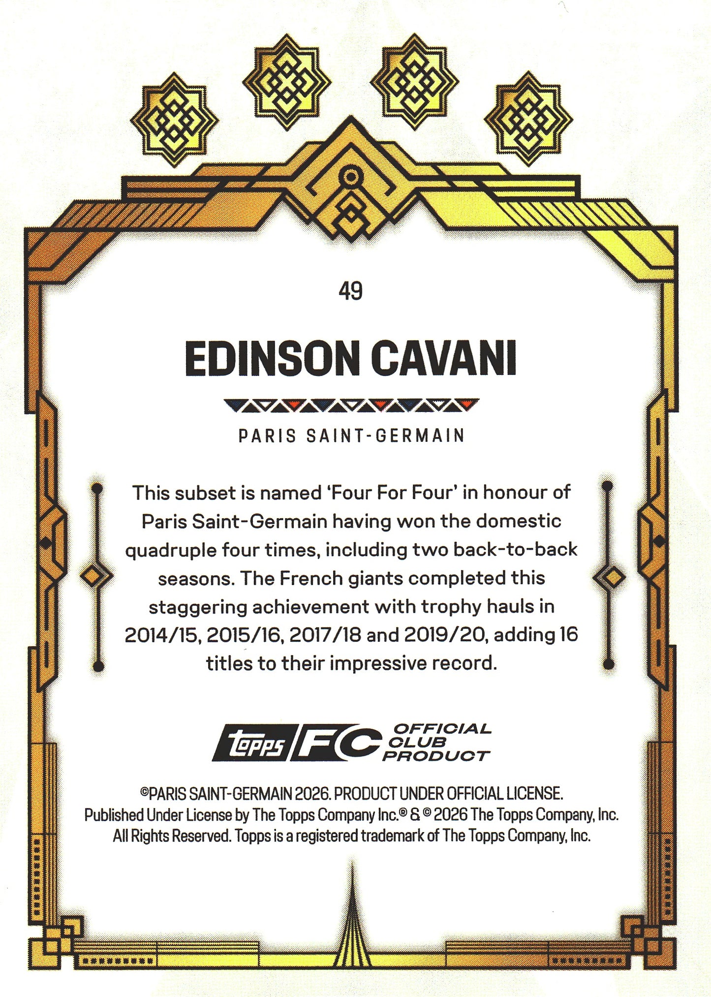 2025 Topps PSG Team Set Static Edinson Cavani FFF #49 Paris Saint-Germain