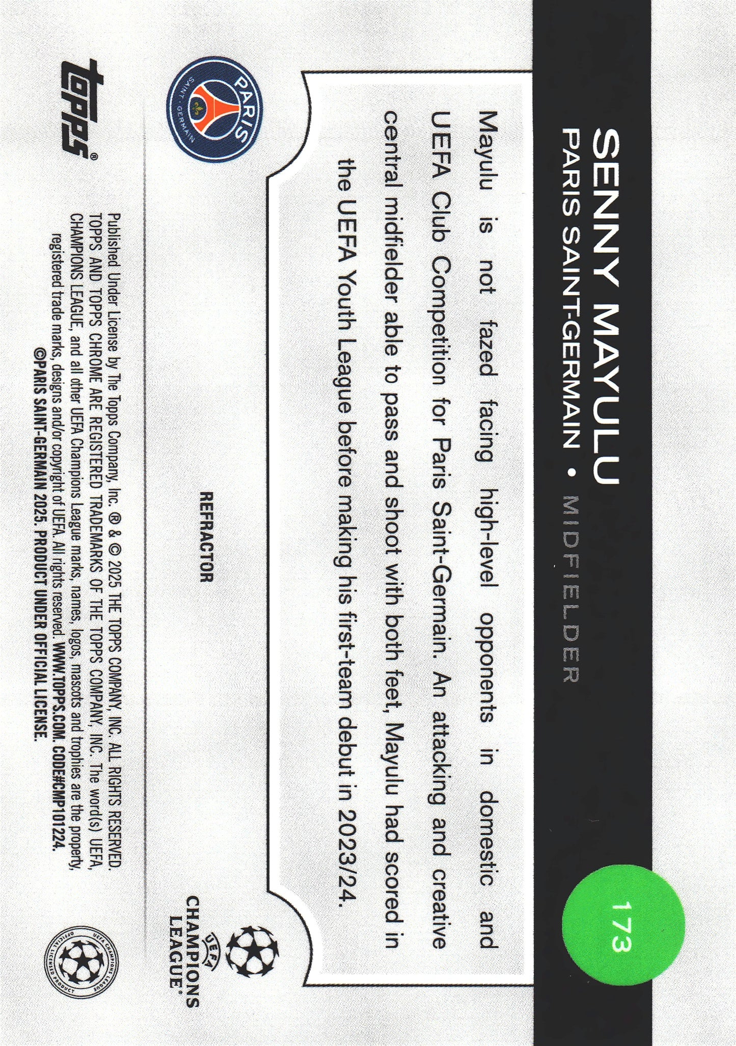 2024 Topps Chrome UCC Refractor Senny Mayulu RC #173 Paris Saint-Germain