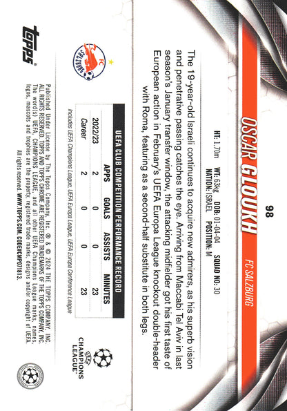 2023 Topps Chrome UCC Aqua Prism Oscar Gloukh RC #98 FC Red Bull Salzburg