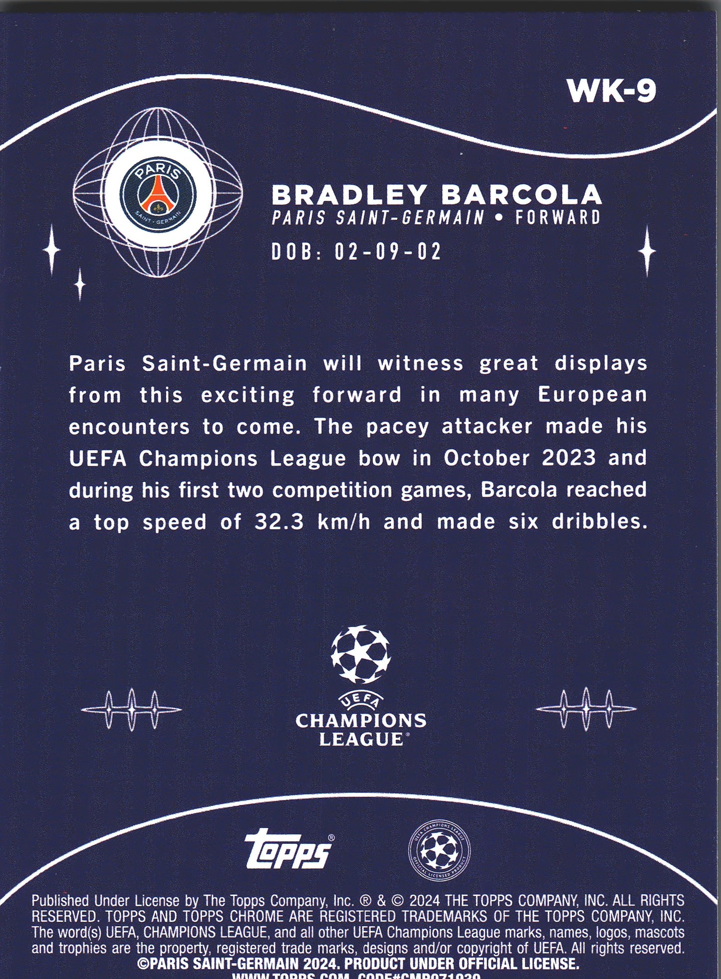2023 Topps Chrome UCC Wonderkids Bradley Barcola #WK-9 Paris Saint-Germain