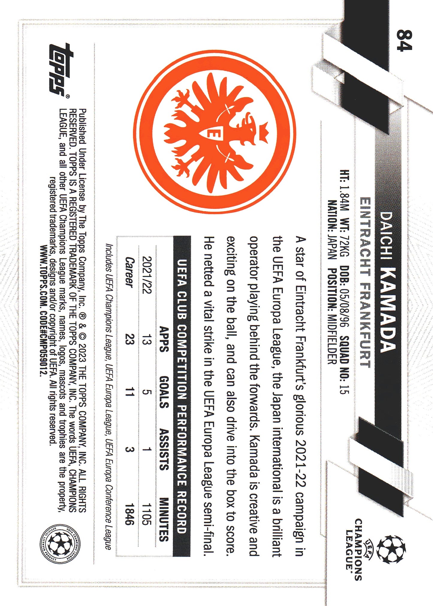 2022 Topps UCC Flagship 1st Edition Daichi Kamada #84 Eintracht Frankfurt