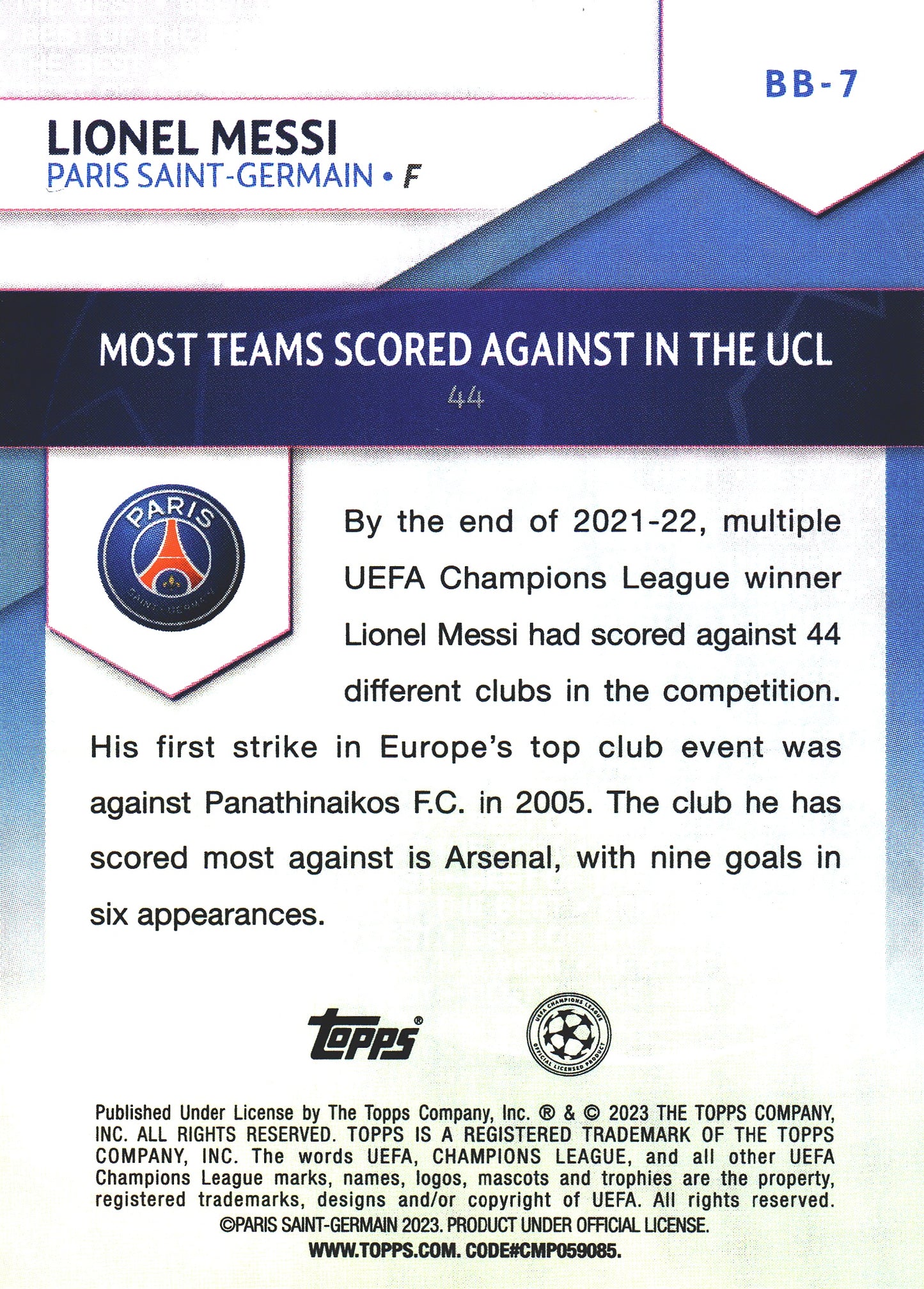 2022 Topps UCC Flagship Best Of The Best Lionel Messi #BB-7 Paris Saint-Germain