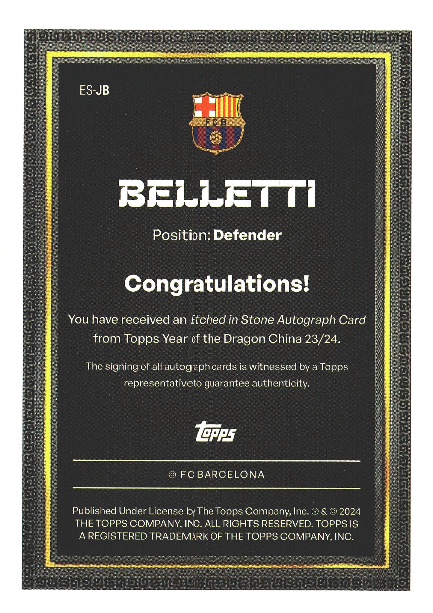2023 Topps Barcelona Year Of Dragon Etched In Stone Auto /50 Juliano Belletti FC Barcelona