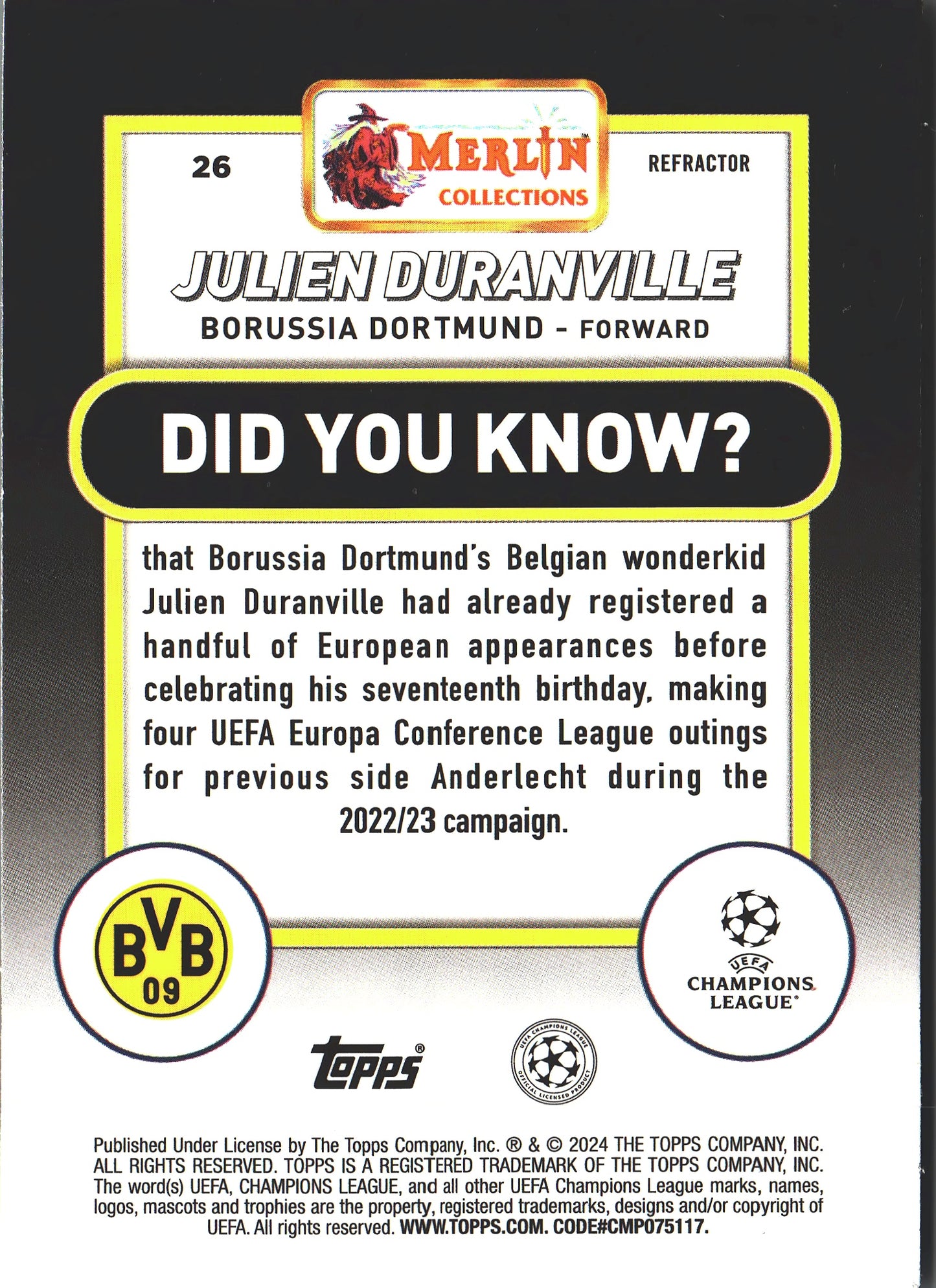 2023 Topps Merlin Chrome UCC Refractor Julien Duranville RC #26 Borussia Dortmund