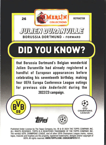 2023 Topps Merlin Chrome UCC Refractor Julien Duranville RC #26 Borussia Dortmund