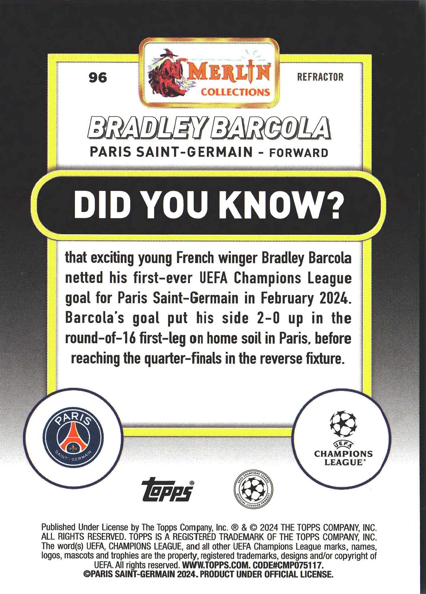 2023 Topps Merlin Chrome UCC Refractor Bradley Barcola RC #96 Paris Saint-Germain