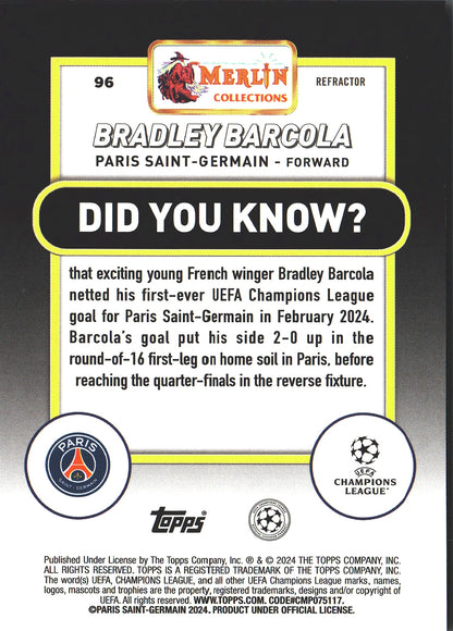 2023 Topps Merlin Chrome UCC Refractor Bradley Barcola RC #96 Paris Saint-Germain