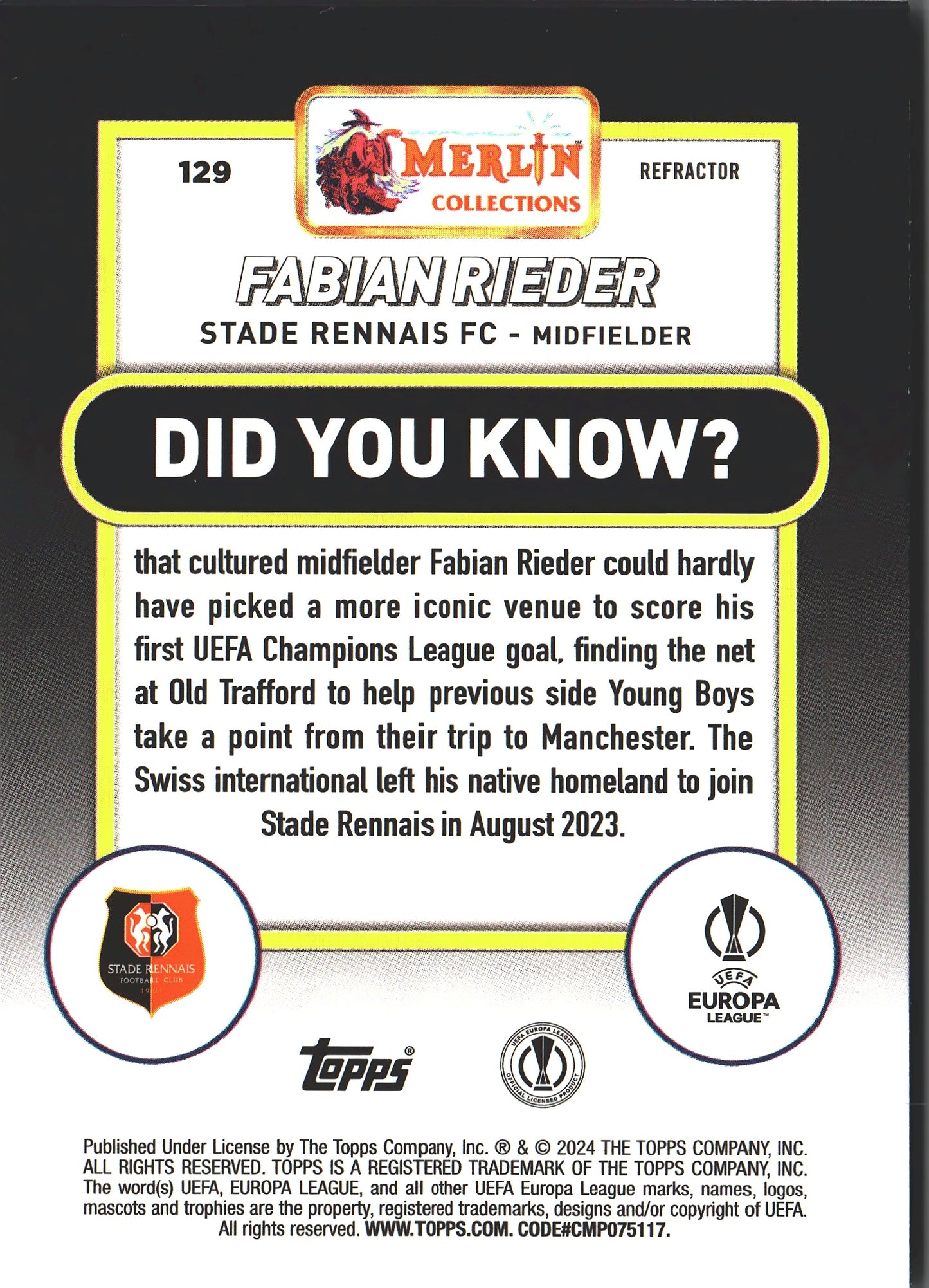 2023 Topps Merlin Chrome UCC Refractor Fabian Rieder RC #129 Stade Rennais