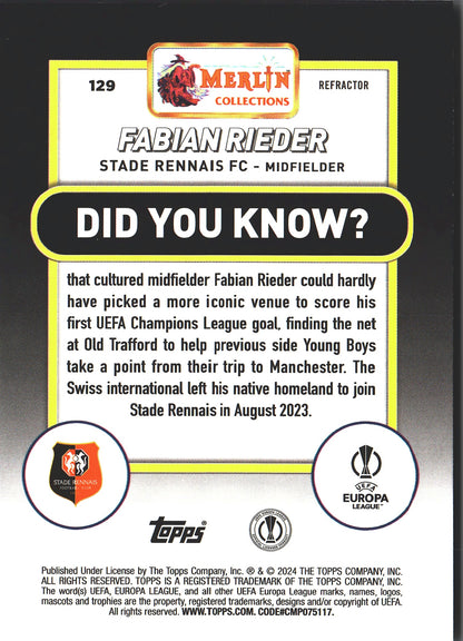 2023 Topps Merlin Chrome UCC Refractor Fabian Rieder RC #129 Stade Rennais