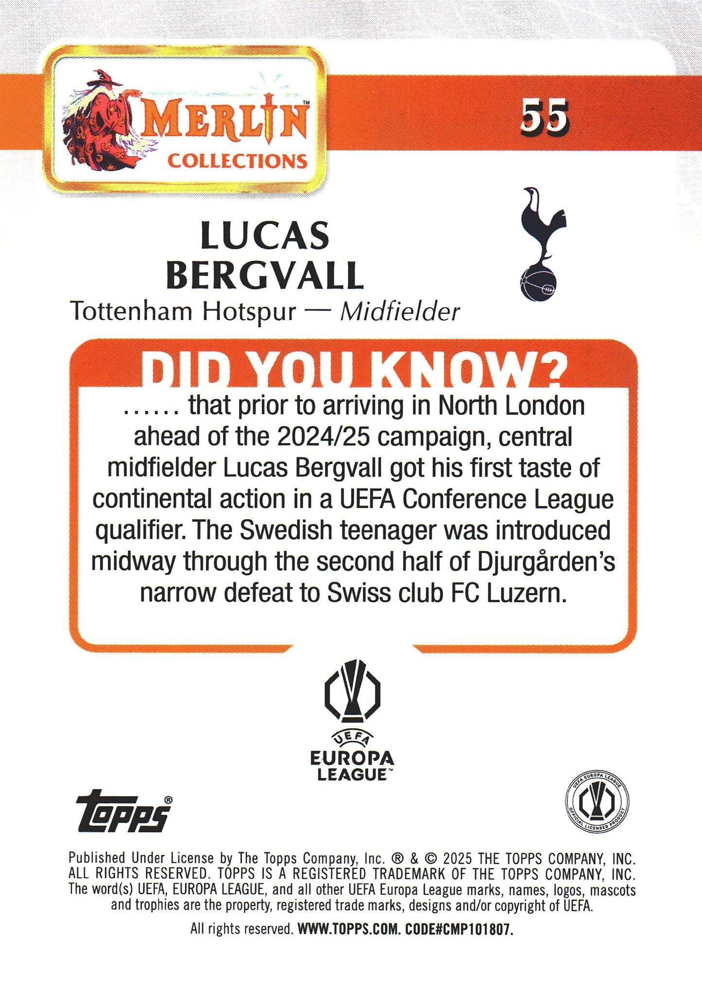 2024 Topps Chrome Merlin UCC Lucas Bergvall RC #55 Tottenham Hotspur