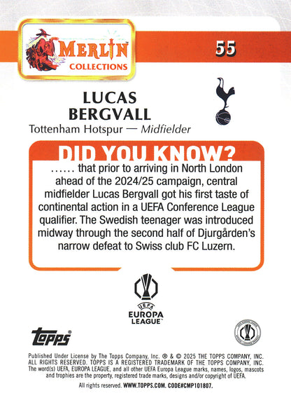 2024 Topps Chrome Merlin UCC Lucas Bergvall RC #55 Tottenham Hotspur