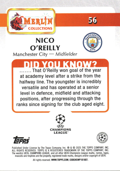 2024 Topps Chrome Merlin UCC Nico O'Reilly RC #56 Manchester City