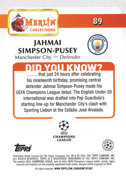 2024 Topps Chrome Merlin UCC Jahmai Simpson-Pusey RC #89 Manchester City