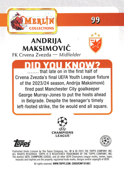 2024 Topps Chrome Merlin UCC Andrija Maksimovic RC #99 Red Star Belgrade