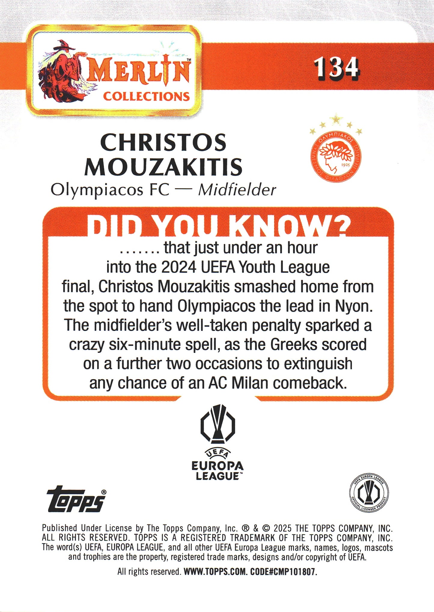 2024 Topps Chrome Merlin UCC Christos Mouzakitis RC #134 Olympiacos