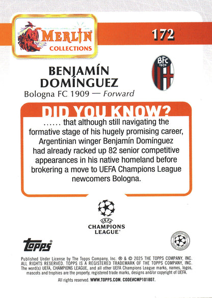 2024 Topps Chrome Merlin UCC Benjamin Dominguez RC #172 Bologna