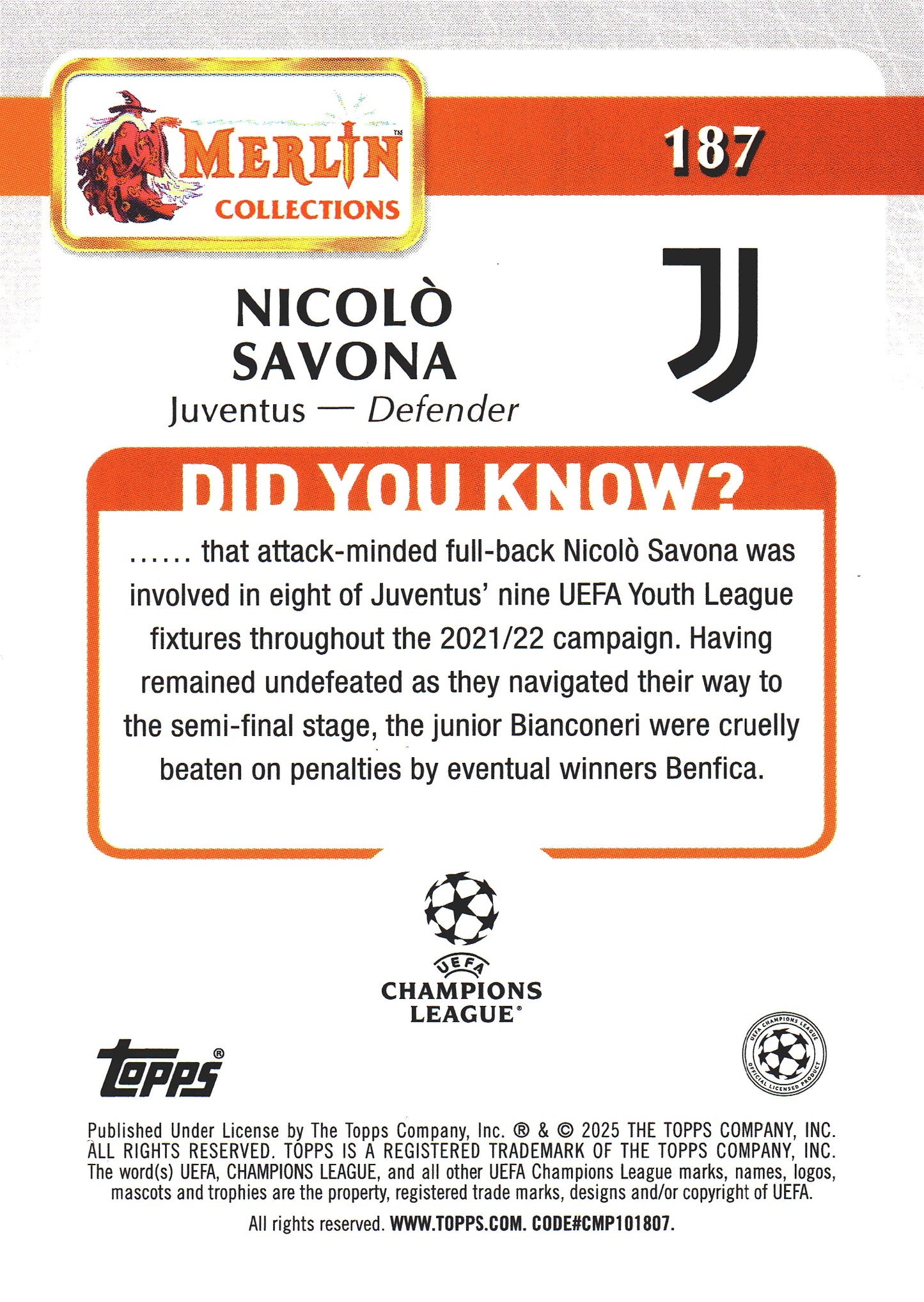 2024 Topps Chrome Merlin UCC Nicolo Savona RC #187 Juventus