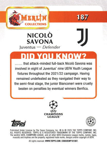 2024 Topps Chrome Merlin UCC Nicolo Savona RC #187 Juventus