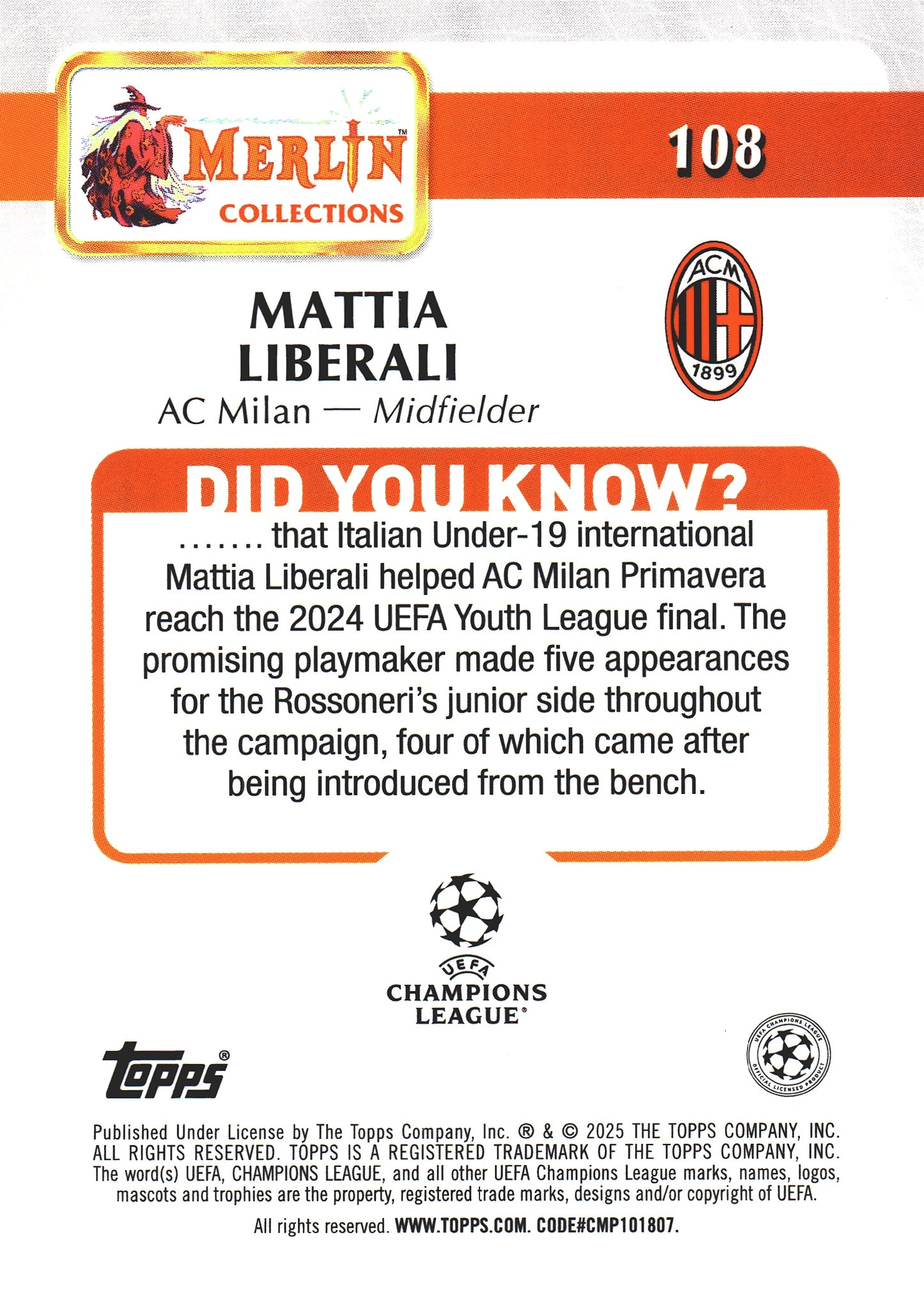 2024 Topps Chrome Merlin UCC Atomic Mattia Liberali RC #108 A.C. Milan