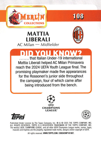 2024 Topps Chrome Merlin UCC Atomic Mattia Liberali RC #108 A.C. Milan
