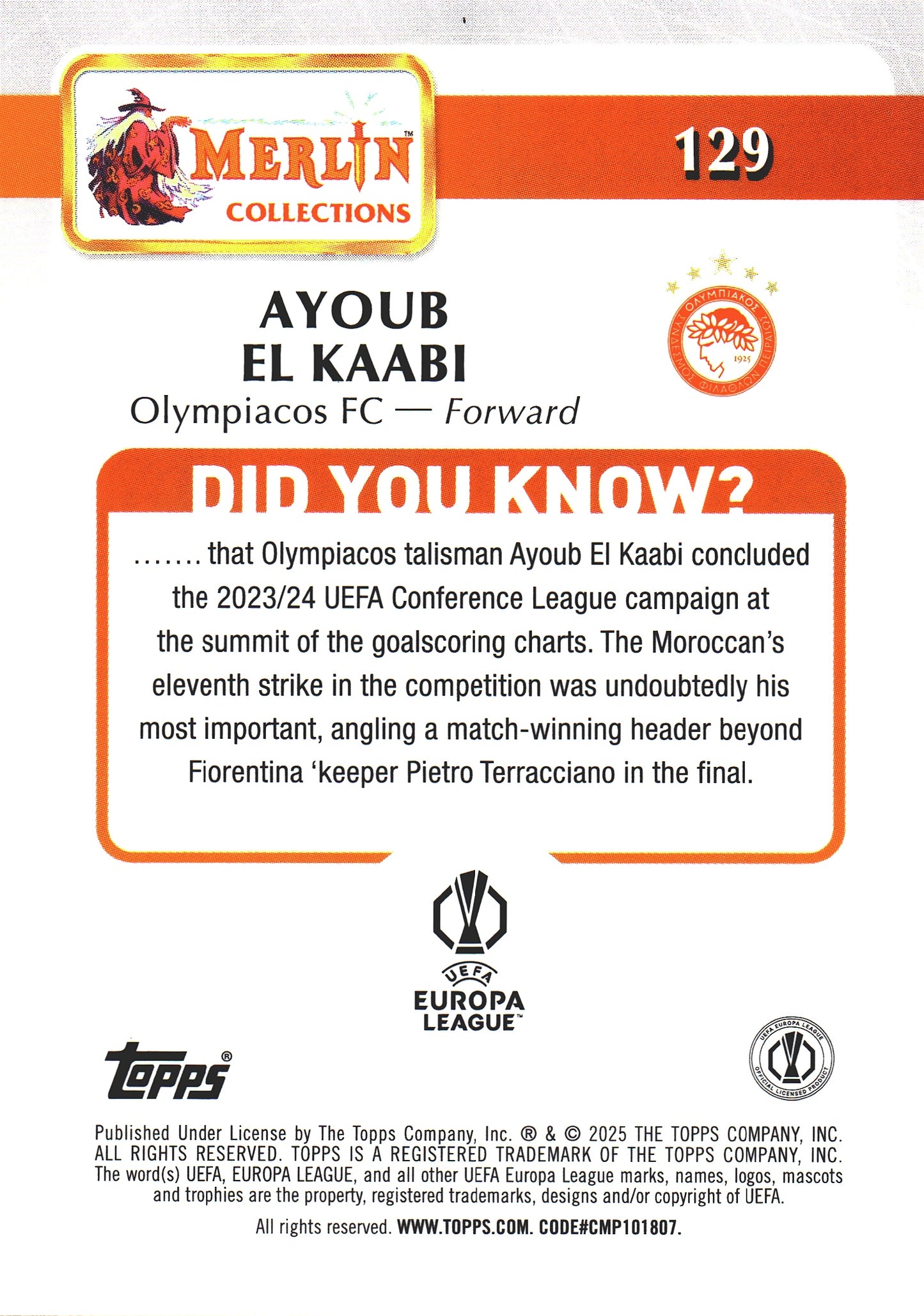 2024 Topps Chrome Merlin UCC Atomic Ayoub El Kaabi #129 Olympiakos