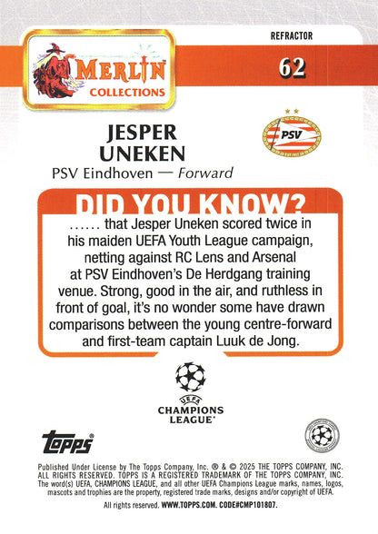 2024 Topps Chrome Merlin UCC Refractor Jesper Uneken RC #62 PSV Eindhoven