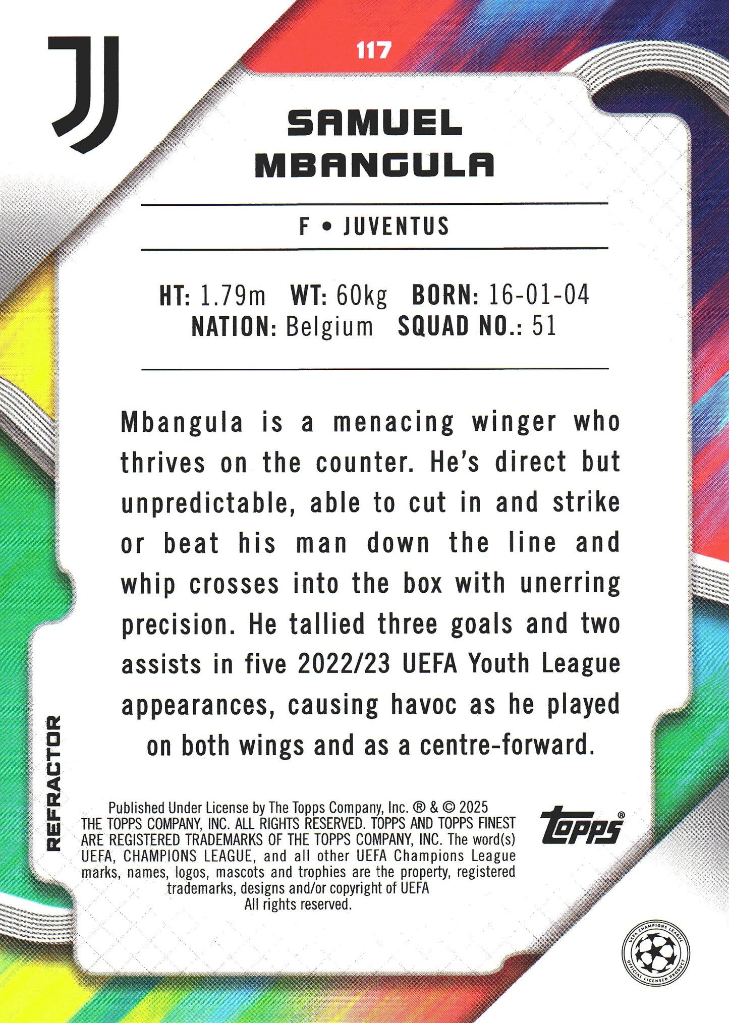 2024 Topps Finest UCC Refractor Samuel Mbangula RC #117 Juventus