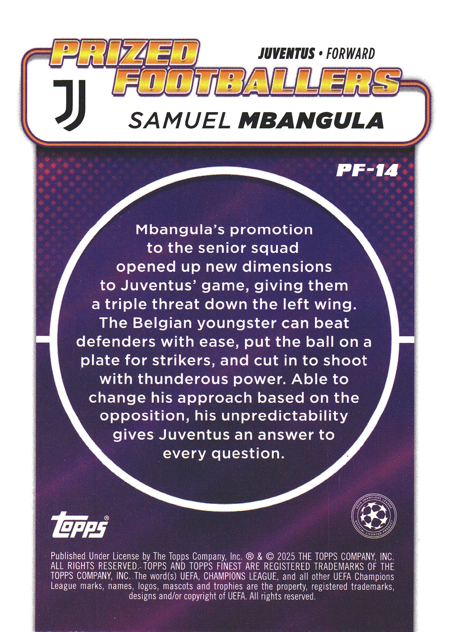 2024 Topps Finest UCC Prized Footballers Samuel Mbangula RC #PF-14 Juventus