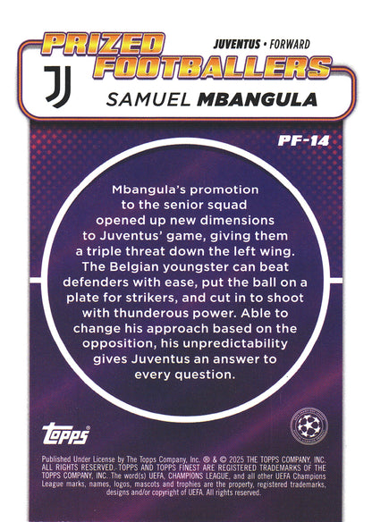 2024 Topps Finest UCC Prized Footballers Samuel Mbangula RC #PF-14 Juventus