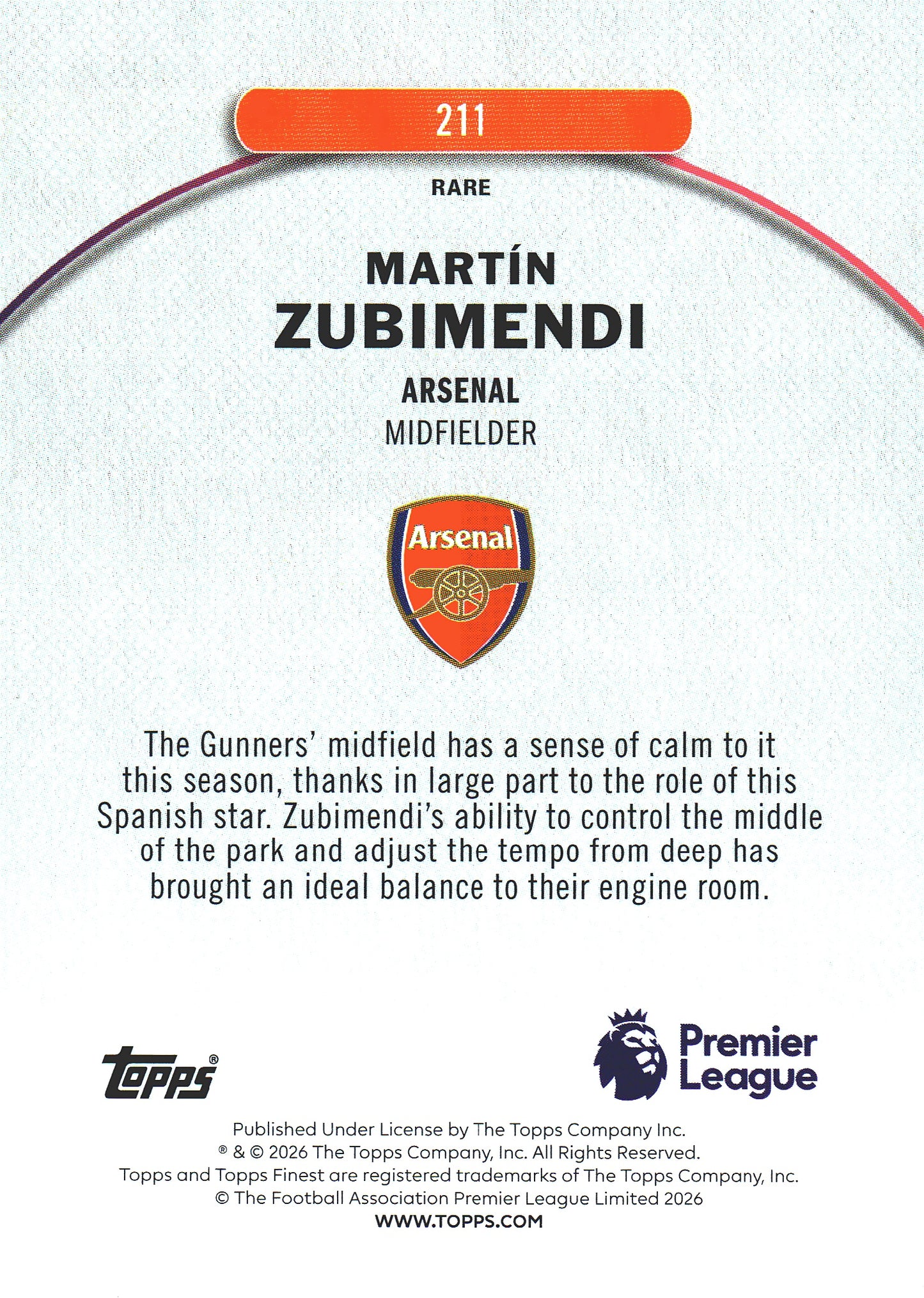 2025 Topps Finest UCC Rare Martin Zubimendi #211 Arsenal FC