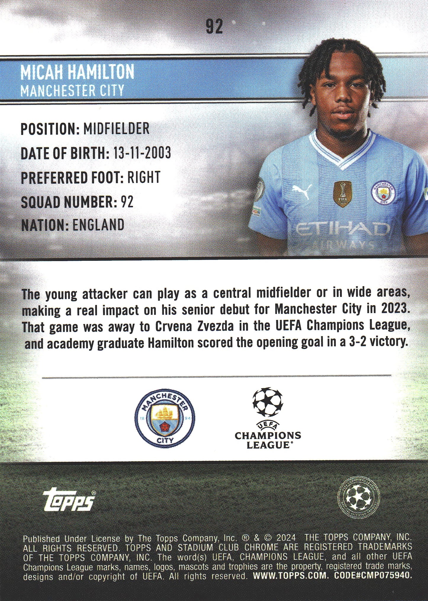 2023 Topps Chrome Stadium Club UCC Refractor Micah Hamilton RC #92 Manchester City