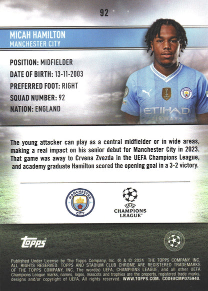 2023 Topps Chrome Stadium Club UCC Refractor Micah Hamilton RC #92 Manchester City