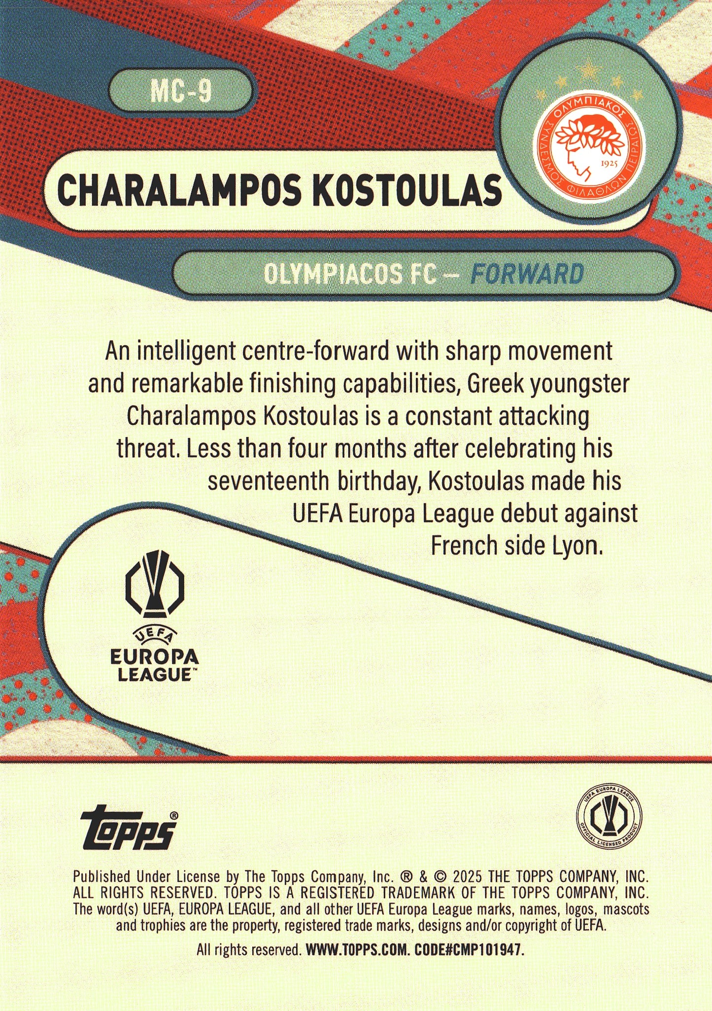 2024 Topps Chrome Merlin UCC Merlin's Chosen Ones Charalampos Kostoulas #MC-9 Olympiacos