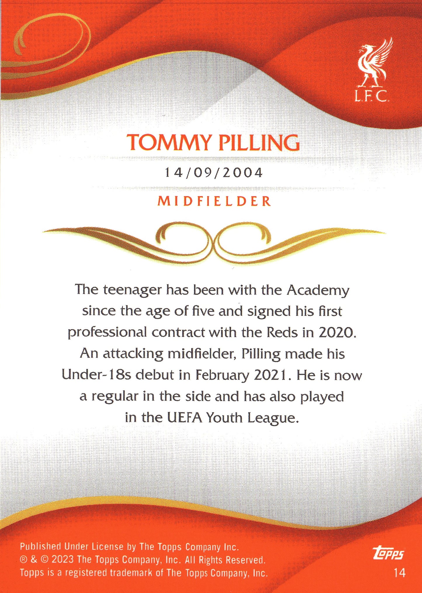 2022 Topps Lineage Liverpool Tommy Pilling 1st #14 Liverpool