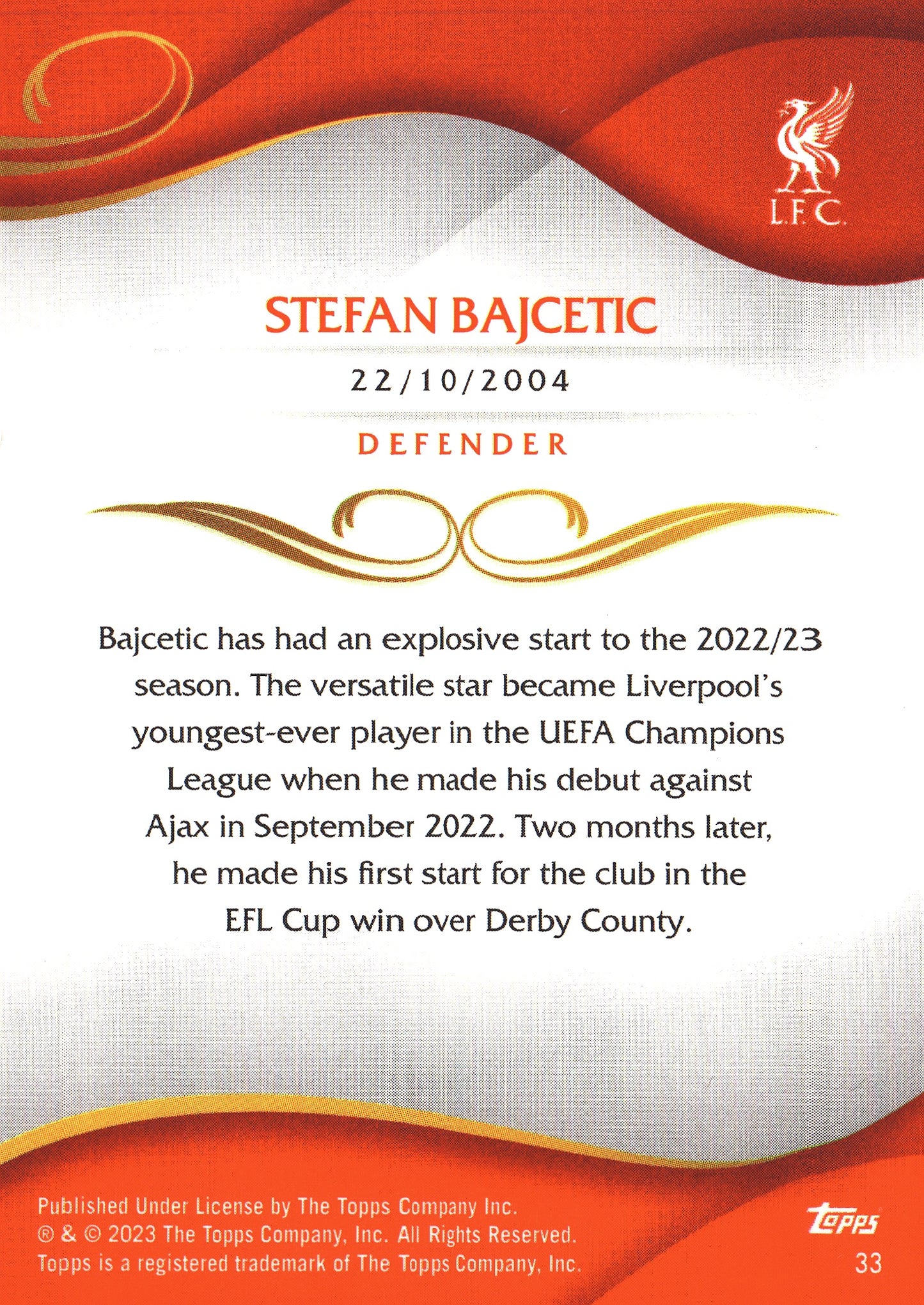 2022 Topps Lineage Liverpool Stefan Bajcetic RC #33 Liverpool