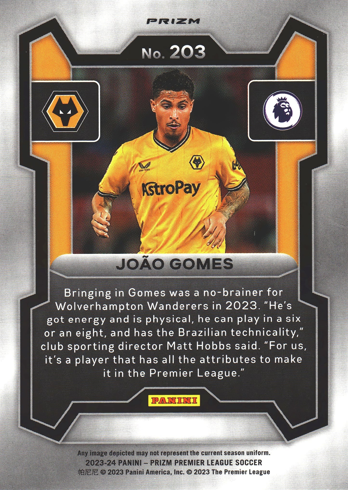 2023 Panini Prizm Premier League Pink Mosaic Joao Gomes RC #203 Wolverhampton Wanderers