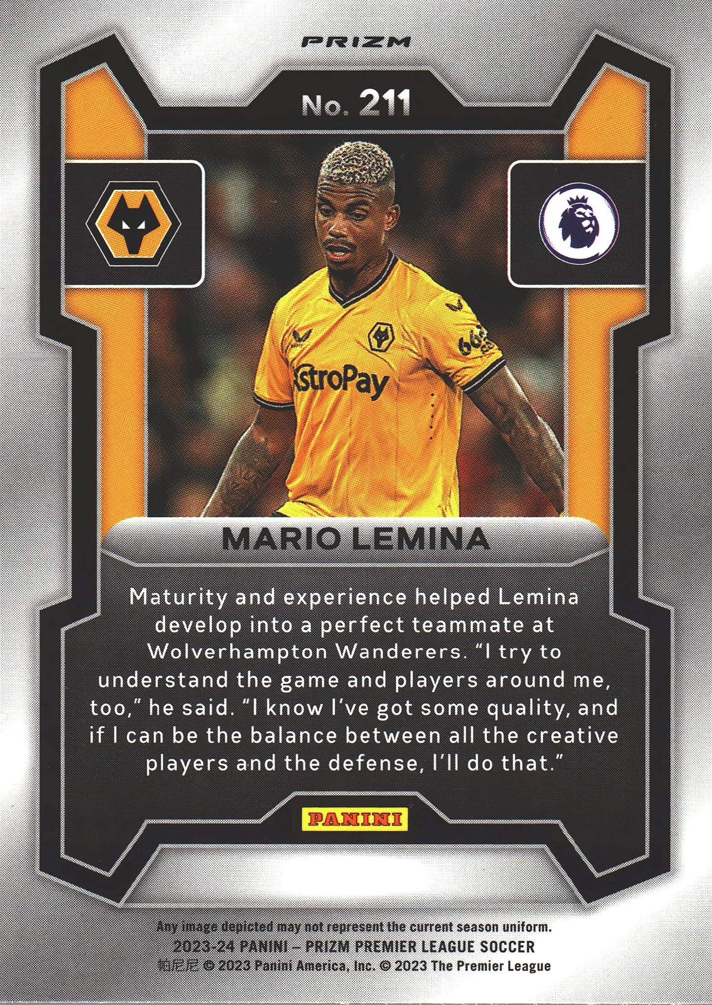 2023 Panini Prizm Premier League Pink Mosaic Mario Lemina #211 Wolverhampton Wanderers