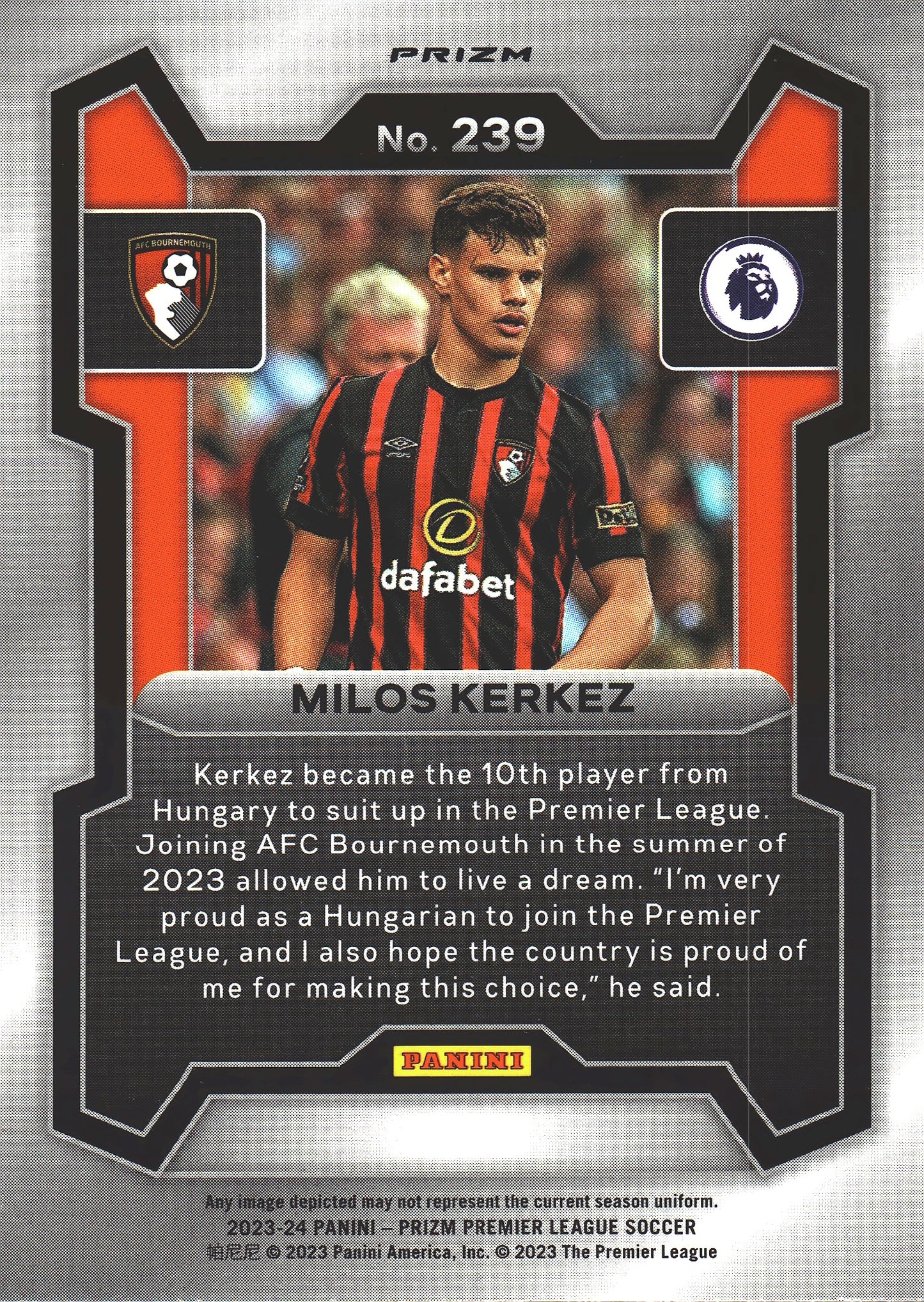2023 Panini Prizm Premier League Pink Mosaic Milos Kerkez RC #239 AFC Bournemouth