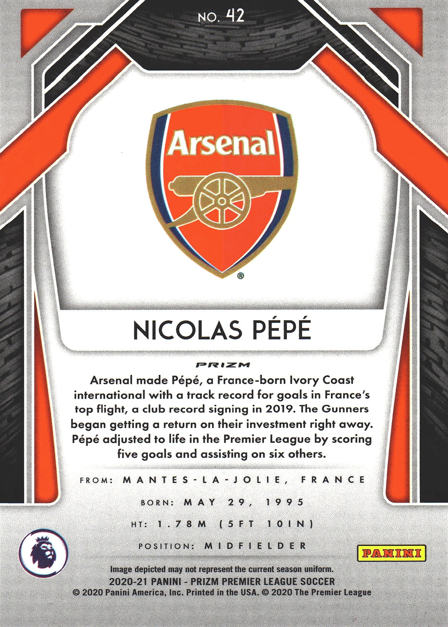 2020 Panini Prizm Premier League Red Ice Nicolas Pepe #42 Arsenal FC