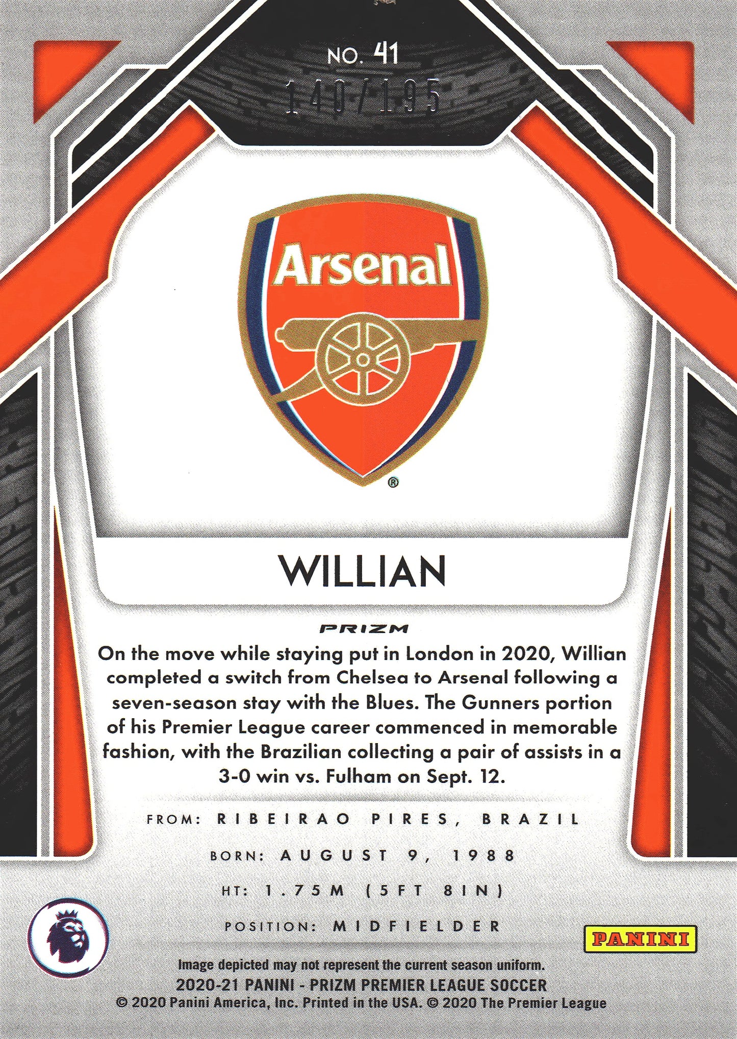 2020 Panini Prizm Premier League Blue Pulsar /195 Willian #41 Arsenal FC