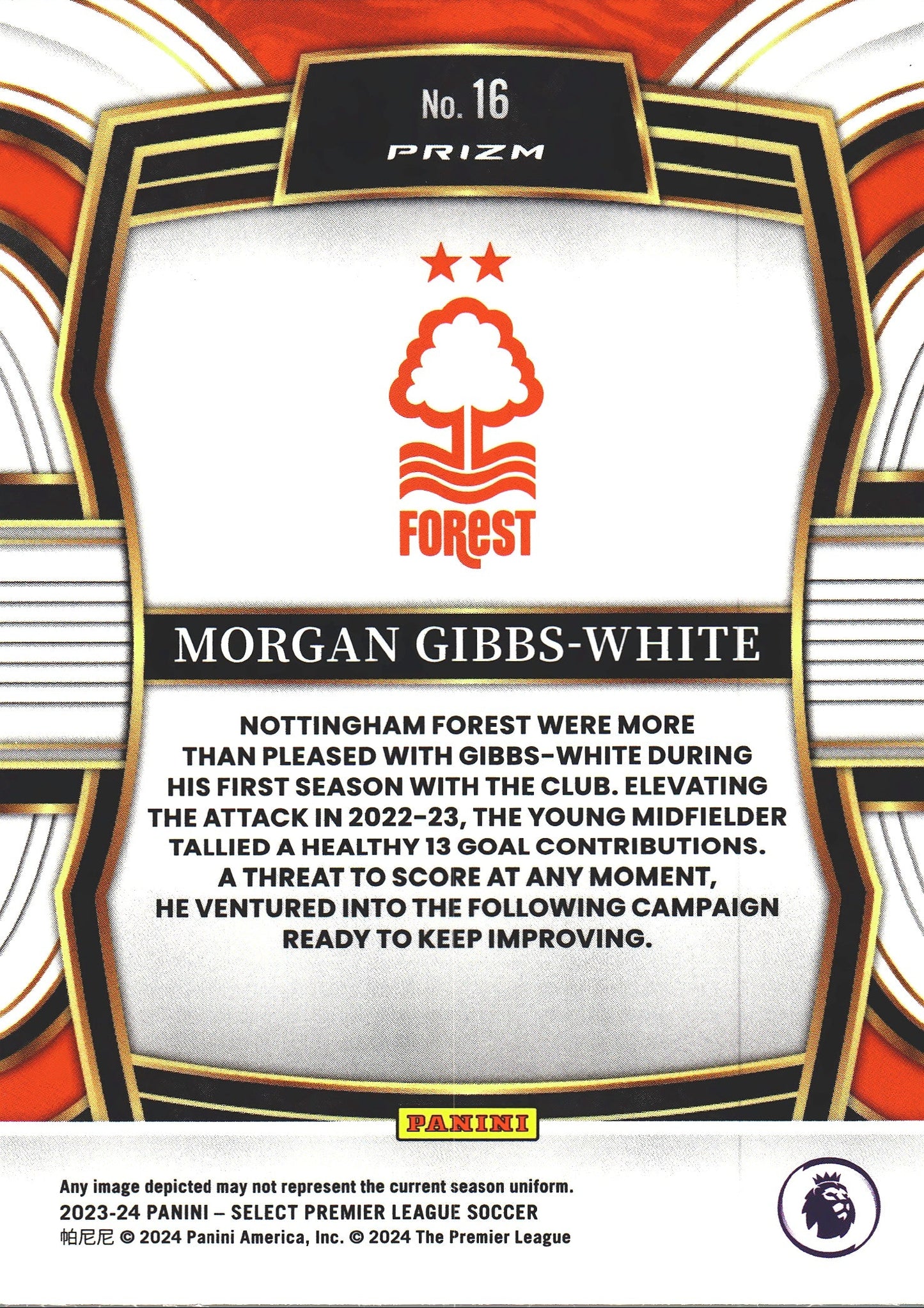 2023 Panini Select Premier League Equalizers Morgan Gibbs-White #16 Nottingham Forest