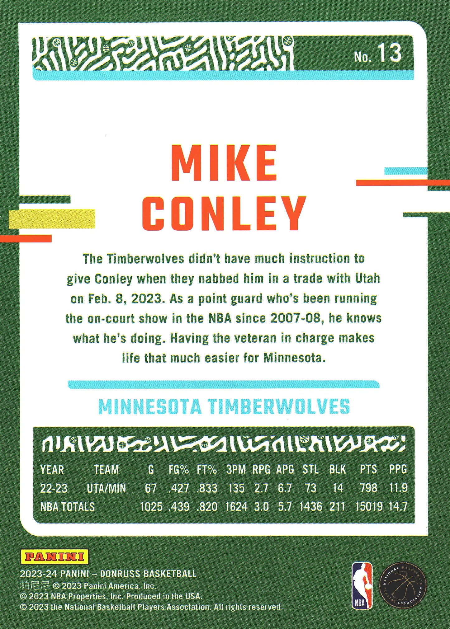 2023 Panini Donruss Green Lazer Mike Conley #13 Minnesota Timberwolves