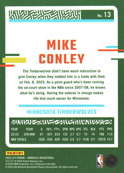 2023 Panini Donruss Green Lazer Mike Conley #13 Minnesota Timberwolves