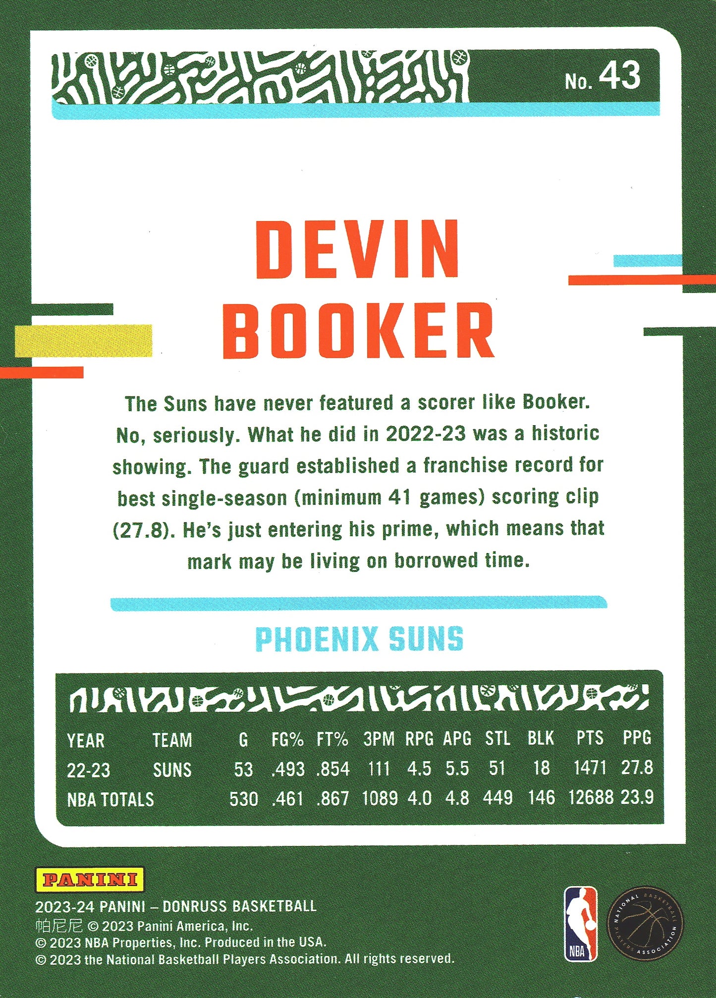 2023 Panini Donruss Green Lazer Devin Booker #43 Phoenix Suns
